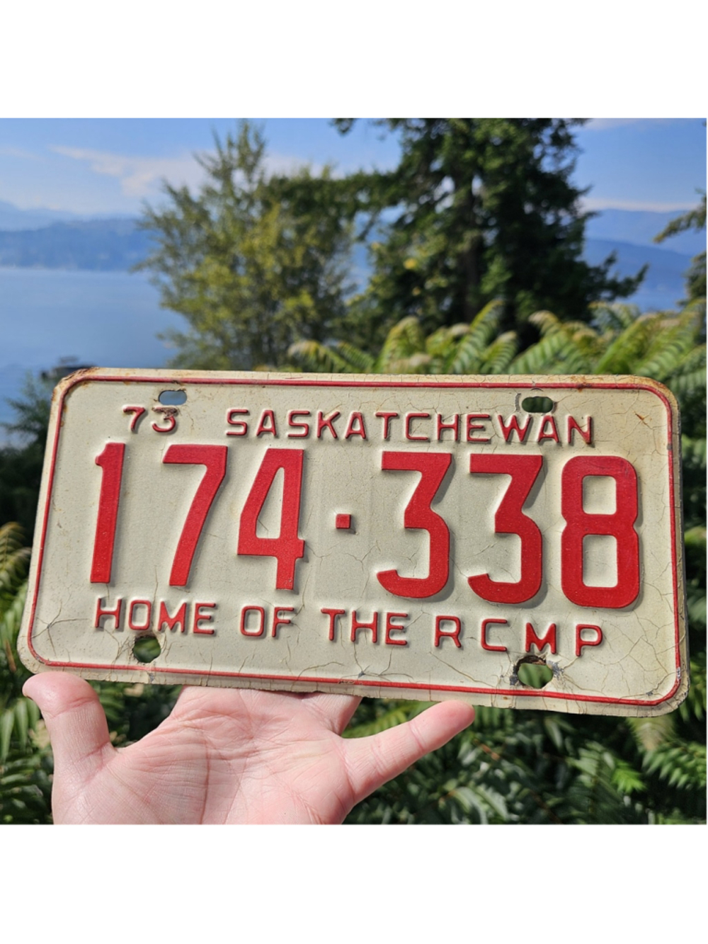 1973 Saskatchewan License Plate 174-338 Home of the RCMP Vintage Canada